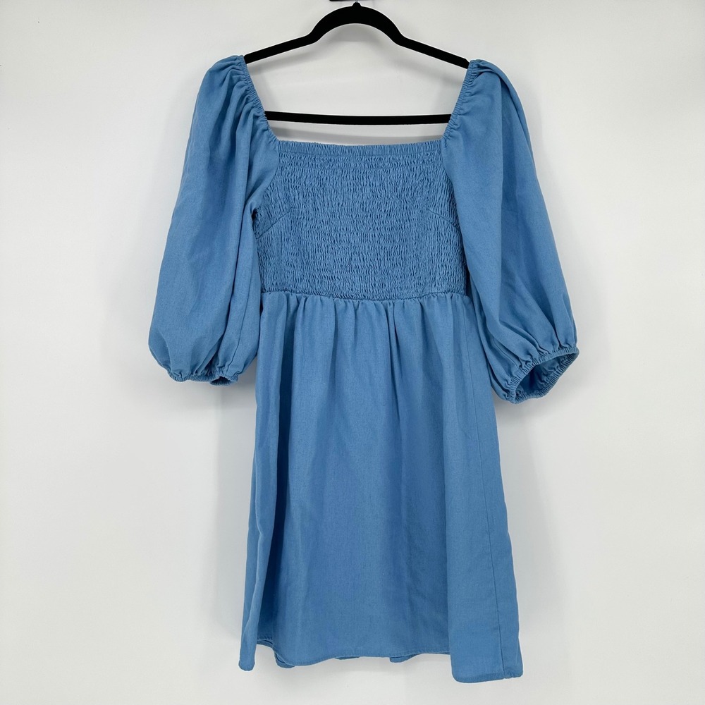 Tuckernuck Annie Blue Smocked Puff Sleeve Linen Blend Mini Dress L FLAW